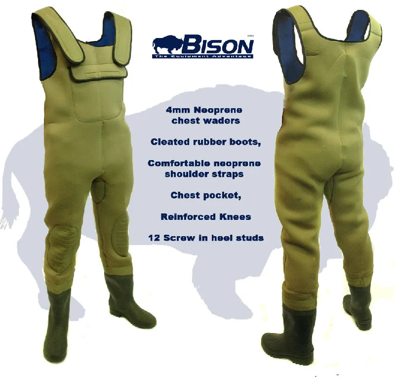 Comfortable Waders for Fishing-BISON 4MM NEOPRENE CHEST WADERS ALL SIZES WITH FREE STUDS.