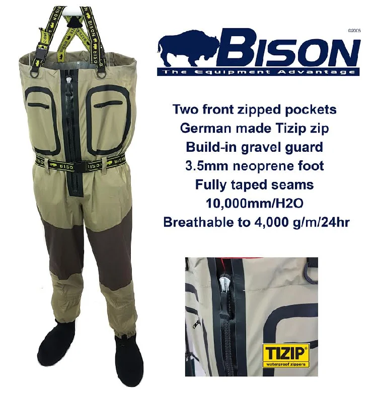 Waders for Pond Adventures-BISON BREATHABLE ZIP FRONT WADERS WITH MK2 RUBBER OR FELT SOLE WADING BOOTS