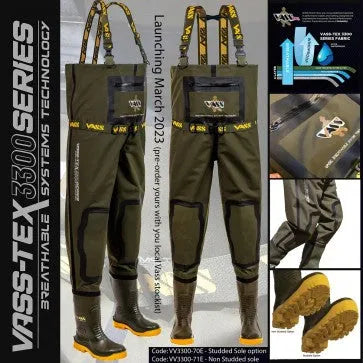 Flexible Fishing Waders-Vass 3300 Breathable Chest waders Khaki with studs